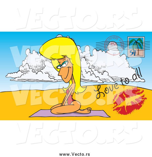 Vector of a Cartoon Blond Beach Babe on a Post Card
