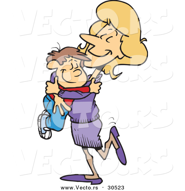Vector of a Cartoon Blond Caucasian Mom Hugging Her Son