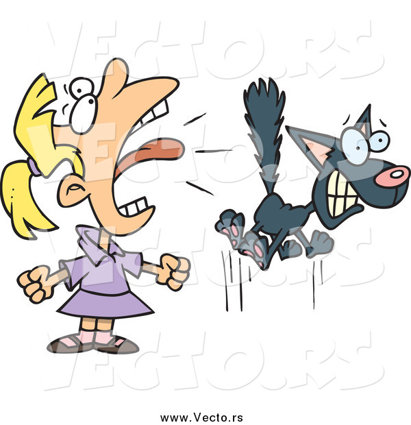 Vector of a Cartoon Blond Girl Screaming at a Scared Black Cat