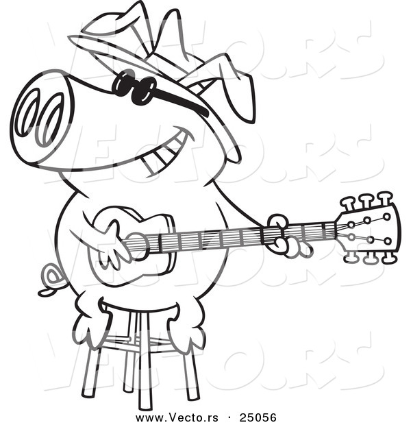 Vector of a Cartoon Blues Pig Musician Playing a Guitar - Outlined Coloring Page