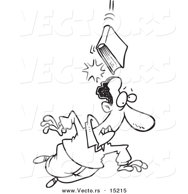 Vector of a Cartoon Book of Knowledge Falling on a Man - Coloring Page Outline