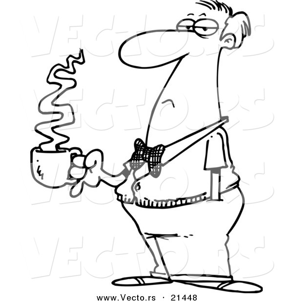 Vector of a Cartoon Bored Businessman with Coffee - Outlined Coloring Page