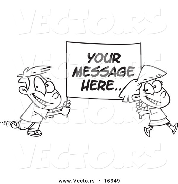 Vector of a Cartoon Boy and Girl Carrying a Sign with Sample Text - Outlined Coloring Page Drawing
