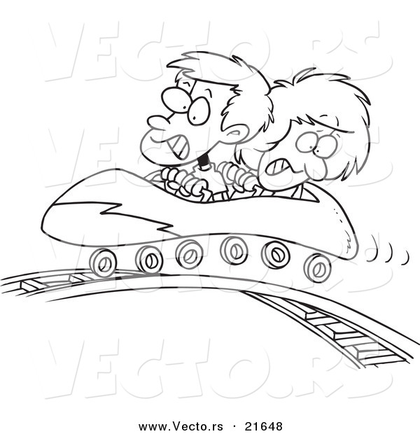 Vector of a Cartoon Boy and Girl on a Roller Coaster - Outlined Coloring Page