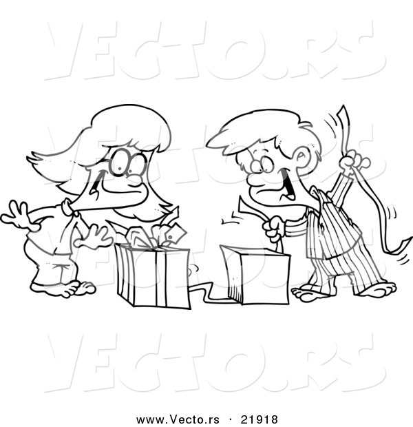 Vector of a Cartoon Boy and Girl Opening Christmas Gifts - Outlined Coloring Page