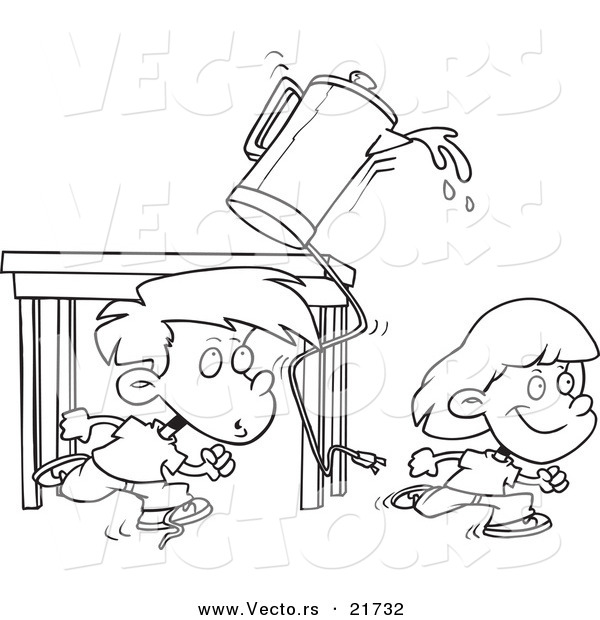 Vector of a Cartoon Boy and Girl Running and Knocking over a Coffee Pot - Outlined Coloring Page