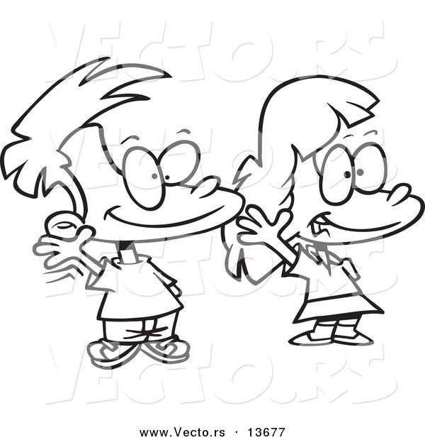 Vector of a Cartoon Boy and Girl Smiling and Waving - Coloring Page Outline