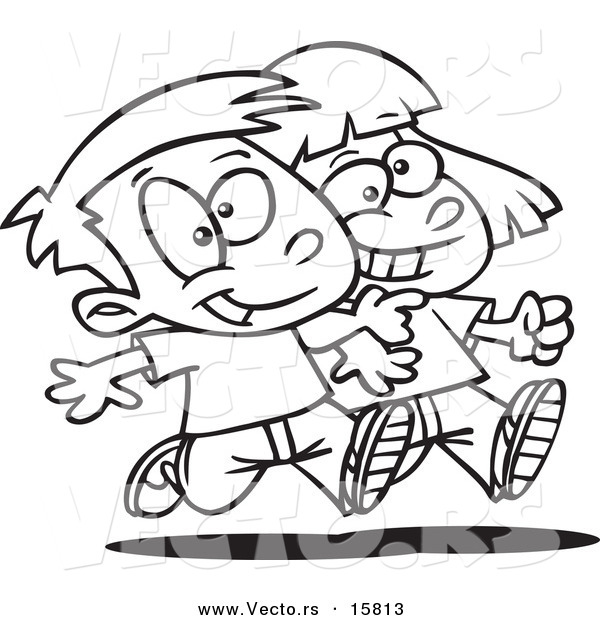 Vector of a Cartoon Boy and Girl Walking Arm in Arm - Outlined Coloring Page Drawing