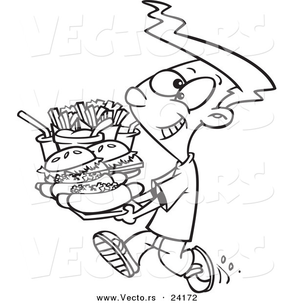 Vector of a Cartoon Boy Carrying a Heavy Fast Food Tray - Coloring Page Outline
