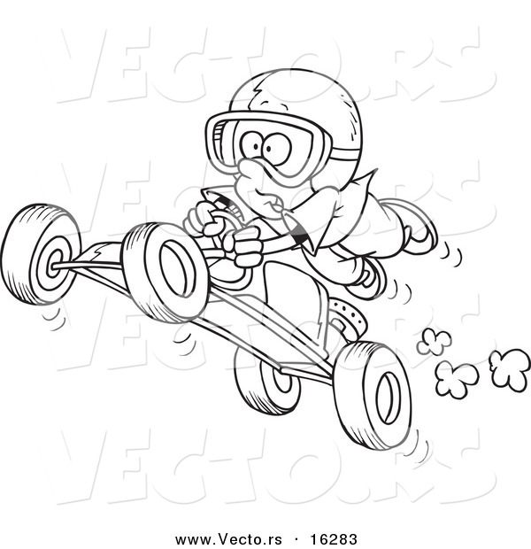 Vector of a Cartoon Boy Catching Air on a Go Cart - Outlined Coloring Page Drawing