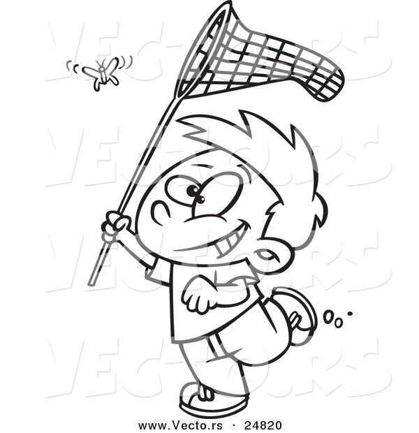 Vector of a Cartoon Boy Chasing a Butterlfy with a Net - Outlined Coloring Page