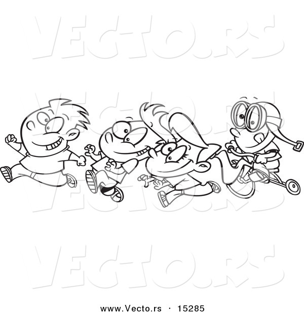 Vector of a Cartoon Boy Chasing His Friends on His Trike - Coloring Page Outline
