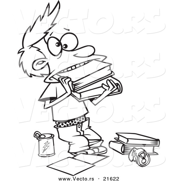 Vector of a Cartoon Boy Cramming Books in His Mouth - Outlined Coloring Page