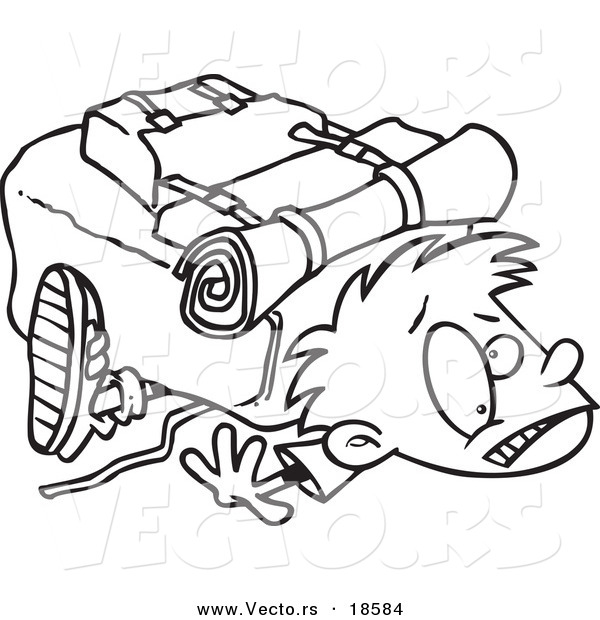 Vector of a Cartoon Boy Crushed Under a Heavy Hiking Backpack - Outlined Coloring Page