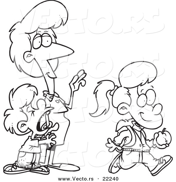Vector of a Cartoon Boy Crying on His Sister's First Day of School - Outlined Coloring Page