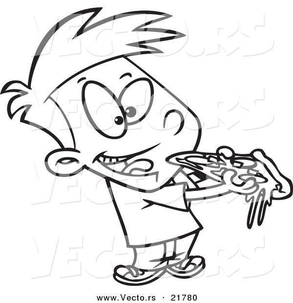 Vector of a Cartoon Boy Eating Pizza - Outlined Coloring Page