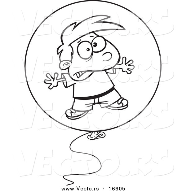 Vector of a Cartoon Boy Floating in a Bad Balloon - Outlined Coloring Page Drawing