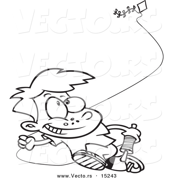 Vector of a Cartoon Boy Flying a Kite - 2 - Coloring Page Outline