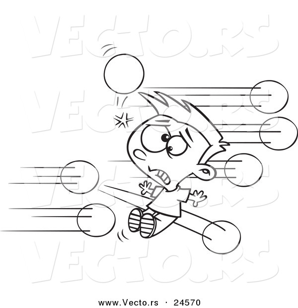 Vector of a Cartoon Boy Getting Hit with Dodgeballs - Outlined Coloring Page
