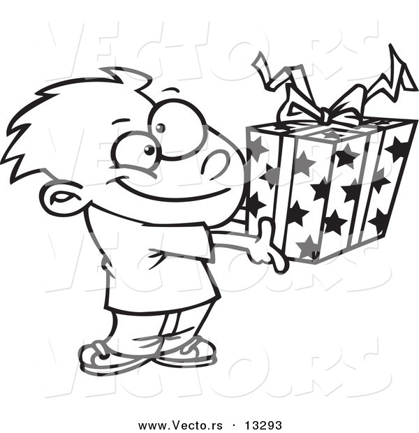 Vector of a Cartoon Boy Holding a Gift Box - Coloring Page Outline