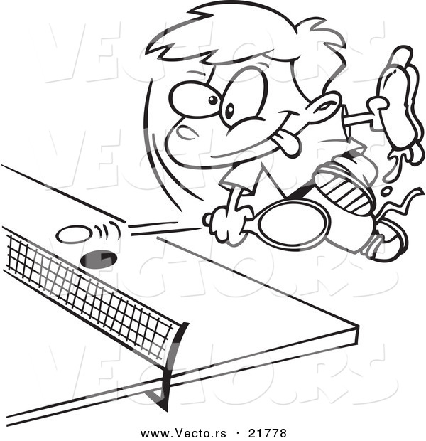Vector of a Cartoon Boy Holding a Hot Dog and Playing Ping Pong - Outlined Coloring Page