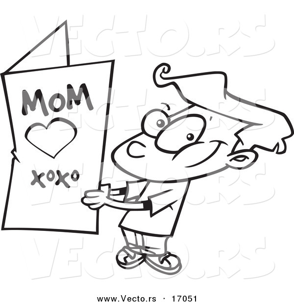 Vector of a Cartoon Boy Holding a Mothers Day Card - Coloring Page Outline