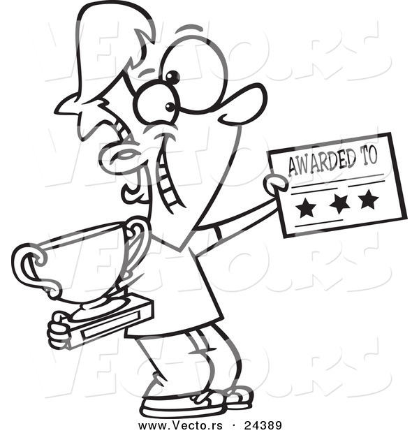 Vector of a Cartoon Boy Holding a Trophy and Certificate - Outlined Coloring Page