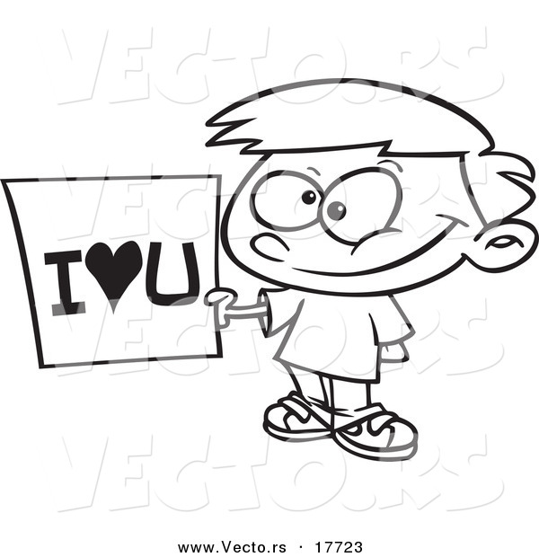 Vector of a Cartoon Boy Holding an I Love You Sign - Coloring Page Outline