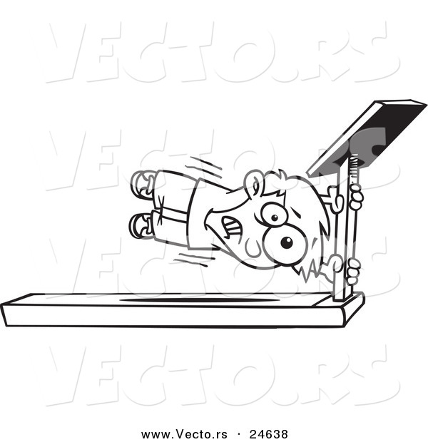 Vector of a Cartoon Boy Holding onto a Treadmill Bar - Outlined Coloring Page
