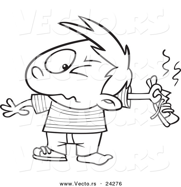 Vector of a Cartoon Boy Holding out a Smelly Shoe - Outlined Coloring Page