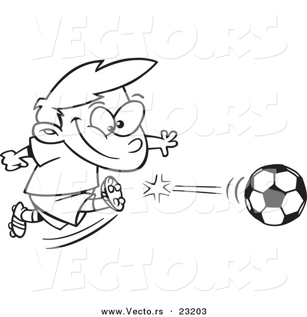 Vector of a Cartoon Boy Kicking a Soccer Ball - Coloring Page Outline