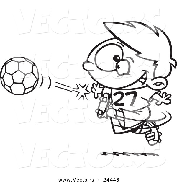 Vector of a Cartoon Boy Kicking a Soccer Ball - Outlined Coloring Page