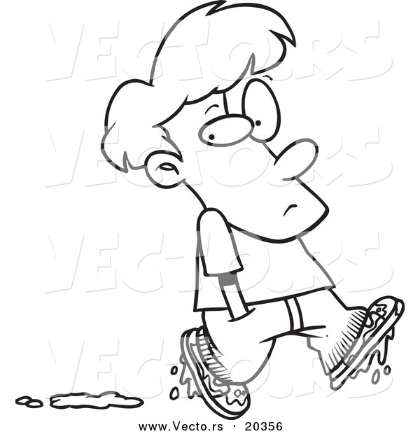Vector of a Cartoon Boy Leaving Muddy Footprints - Coloring Page Outline