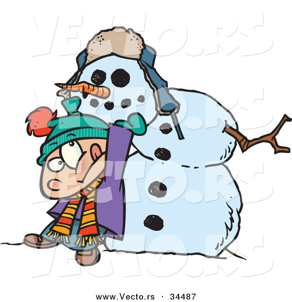 Vector of a Cartoon Boy Lifting Heavy Head on a Snowman's Body
