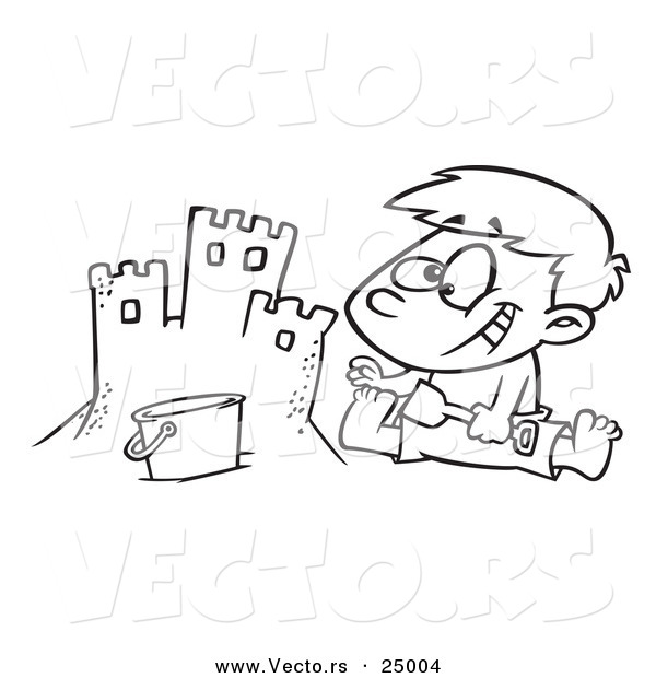 Vector of a Cartoon Boy Making a Sand Castle on a Beach - Outlined Coloring Page