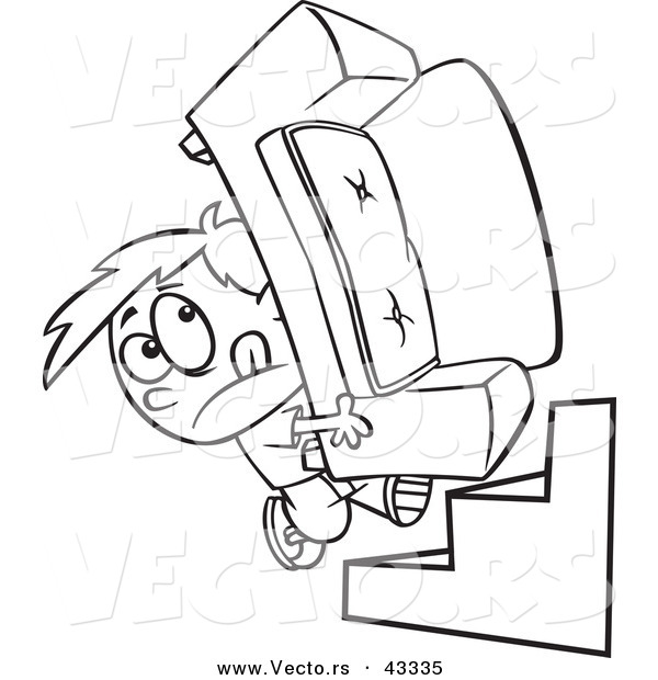 Vector of a Cartoon Boy Moving a Heavy Couch up Stairs - Coloring Page Outline