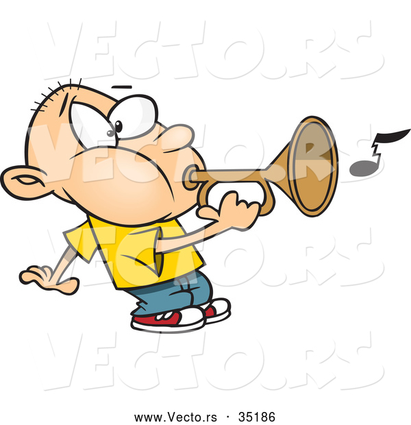 Vector of a Cartoon Boy Playing a Bugle Horn