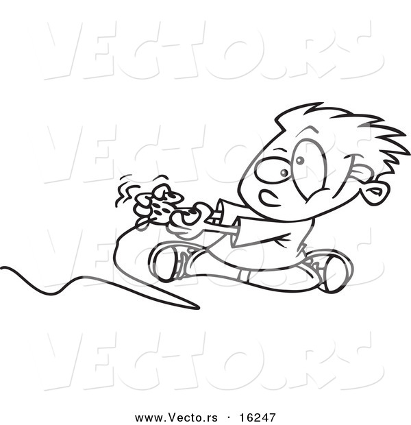 Vector of a Cartoon Boy Playing a Video Game with a Controller - Outlined Coloring Page Drawing