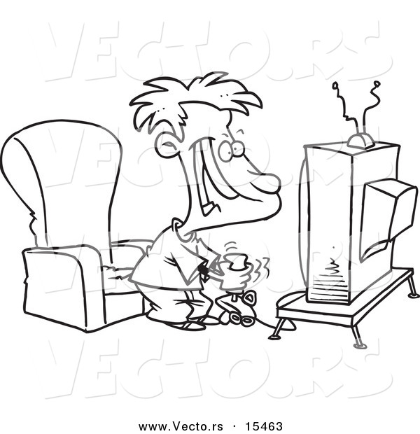 Vector of a Cartoon Boy Playing a Video Game with a Joystick - Coloring Page Outline