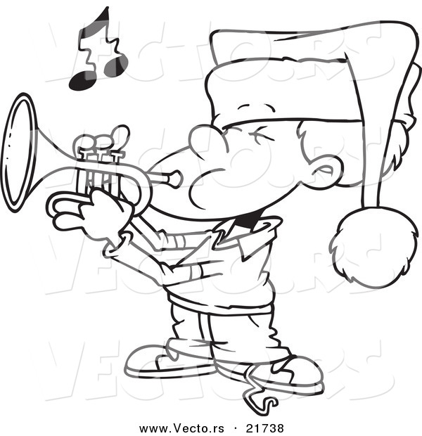 Vector of a Cartoon Boy Playing Christmas Music on a Trumpet - Outlined Coloring Page