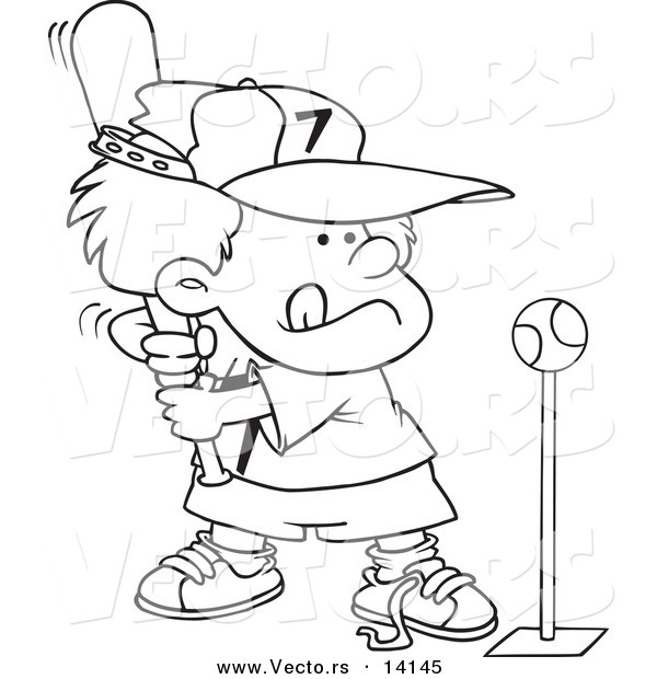 Vector of a Cartoon Boy Playing Tee Ball - Coloring Page Outline