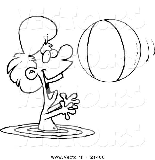 Vector of a Cartoon Boy Playing with a Beach Ball in the Water - Outlined Coloring Page
