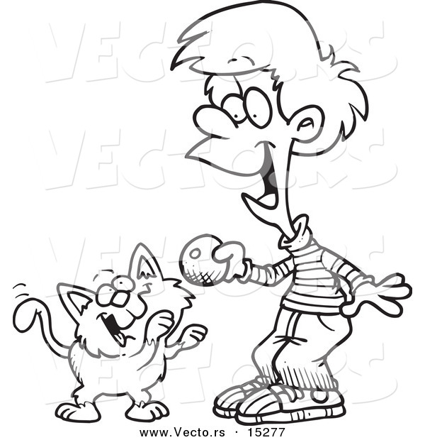 Vector of a Cartoon Boy Playing with a Kitten - Coloring Page Outline
