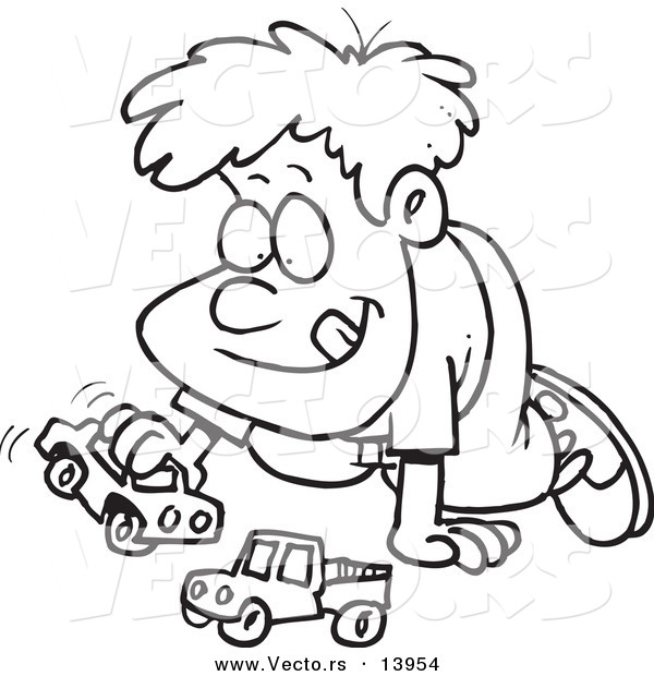 Vector of a Cartoon Boy Playing with Toy Cars - Coloring Page Outline
