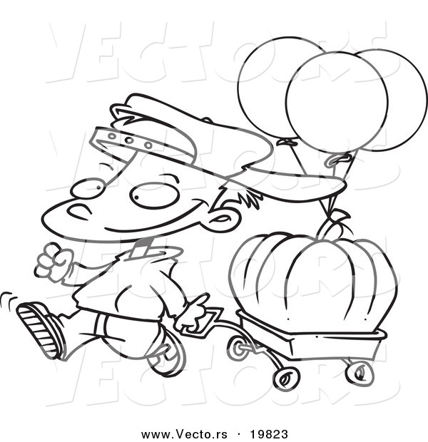 Vector of a Cartoon Boy Pulling a Pumpkin in a Wagon - Outlined Coloring Page