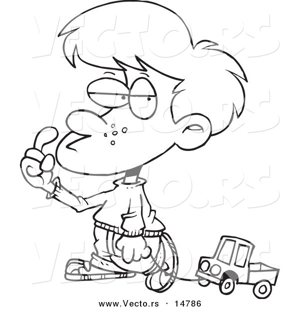 Vector of a Cartoon Boy Pulling a Toy Truck on a String - Coloring Page Outline