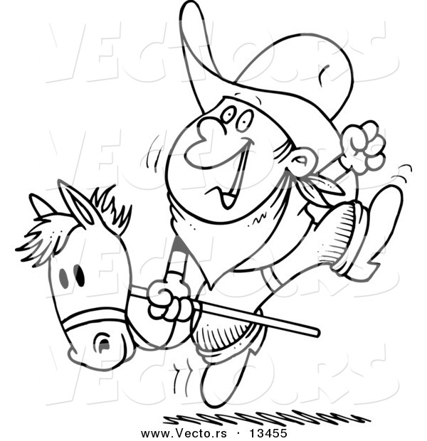 Vector of a Cartoon Boy Riding a Stick Pony - Coloring Page Outline