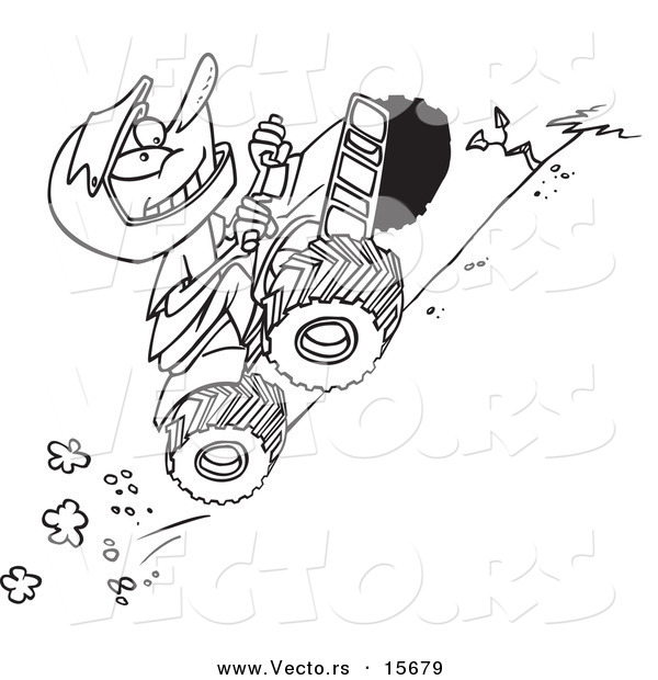 Vector of a Cartoon Boy Riding an ATV Uphill - Coloring Page Outline