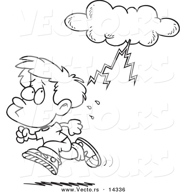 Vector of a Cartoon Boy Running from Lightning - Coloring Page Outline