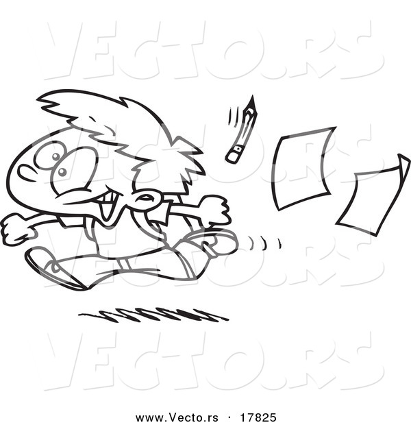 Vector of a Cartoon Boy Running Home on the Last Day of School - Outlined Coloring Page